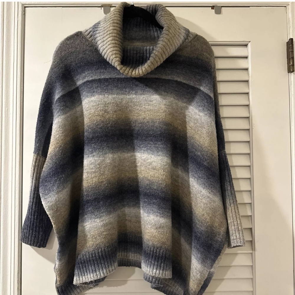 LOFT Sweater Blue Gray Stripe Turtleneck Wool Blend Oversized Dolman Size M